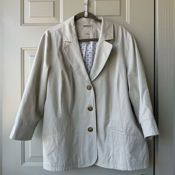 LL Bean Jacket Women 24W Plus Biege Blazer Canvas Safari Outdoor Preppy Lined - Picture 1 of 9